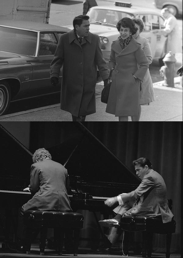 woman 和 man on sidewalk; man teaching piano student.